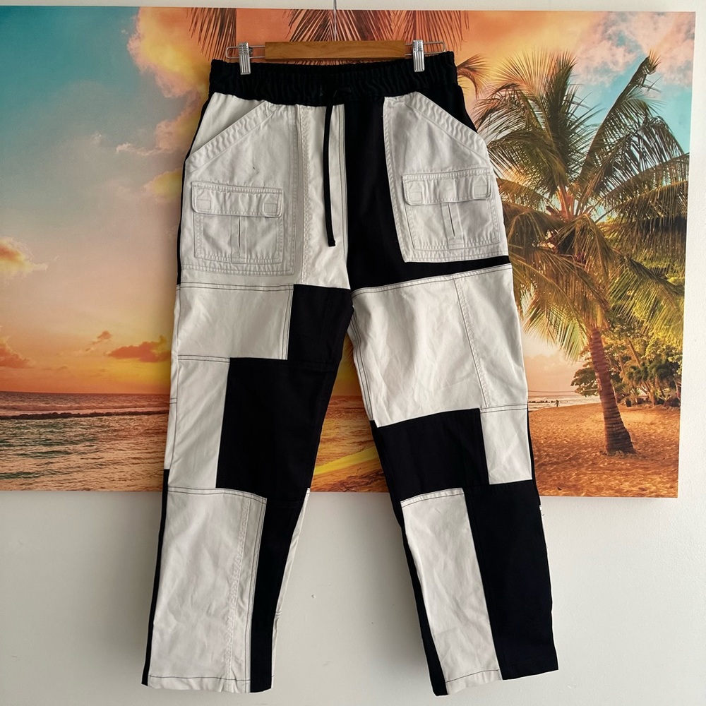 Black and White Cargo Pants with Contrast Panels remade with chinos pants,